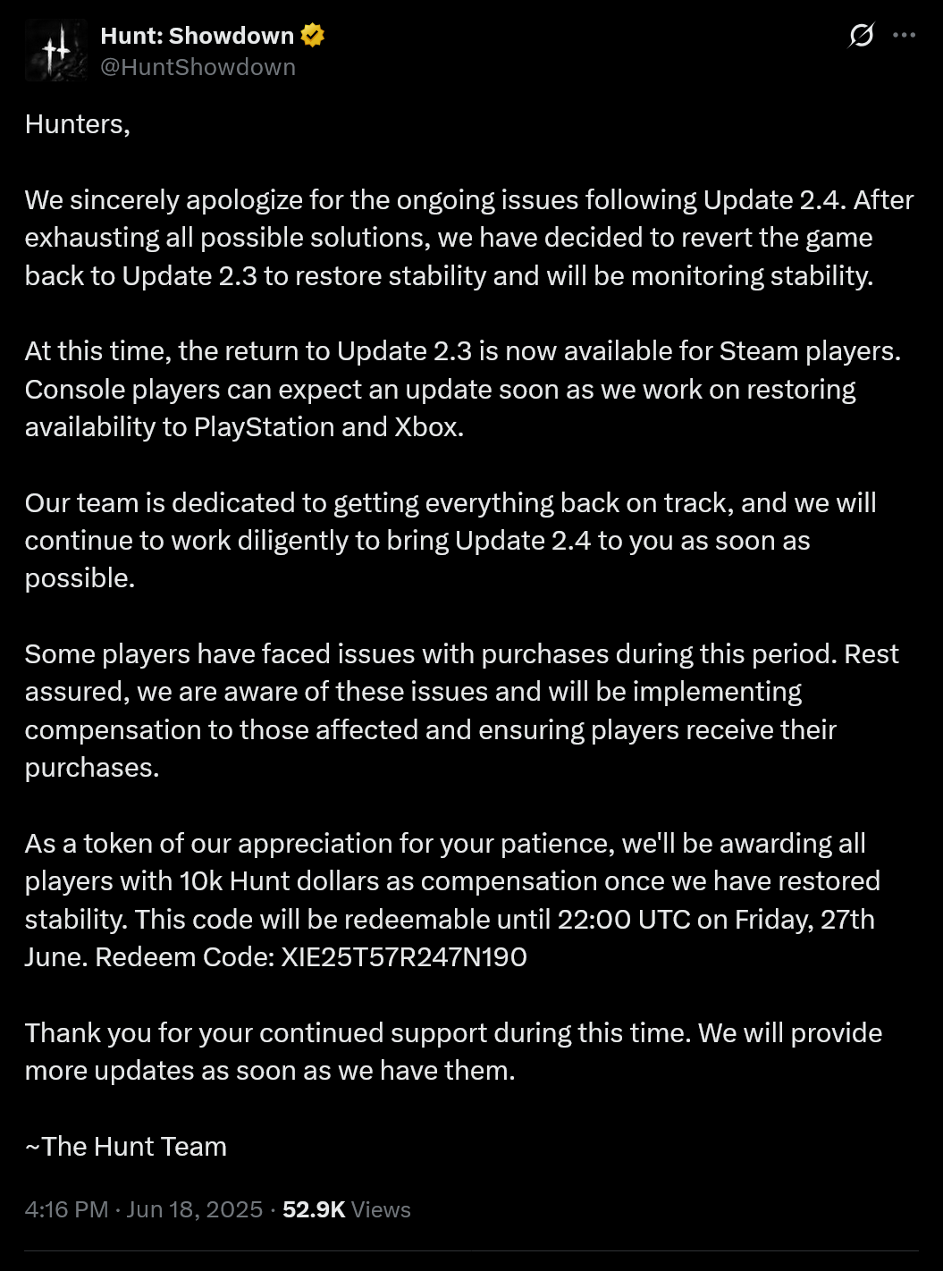 Hunt: Showdown 1896 goes offline for a day after its latest update caused so many problems Crytek had to remove it completely