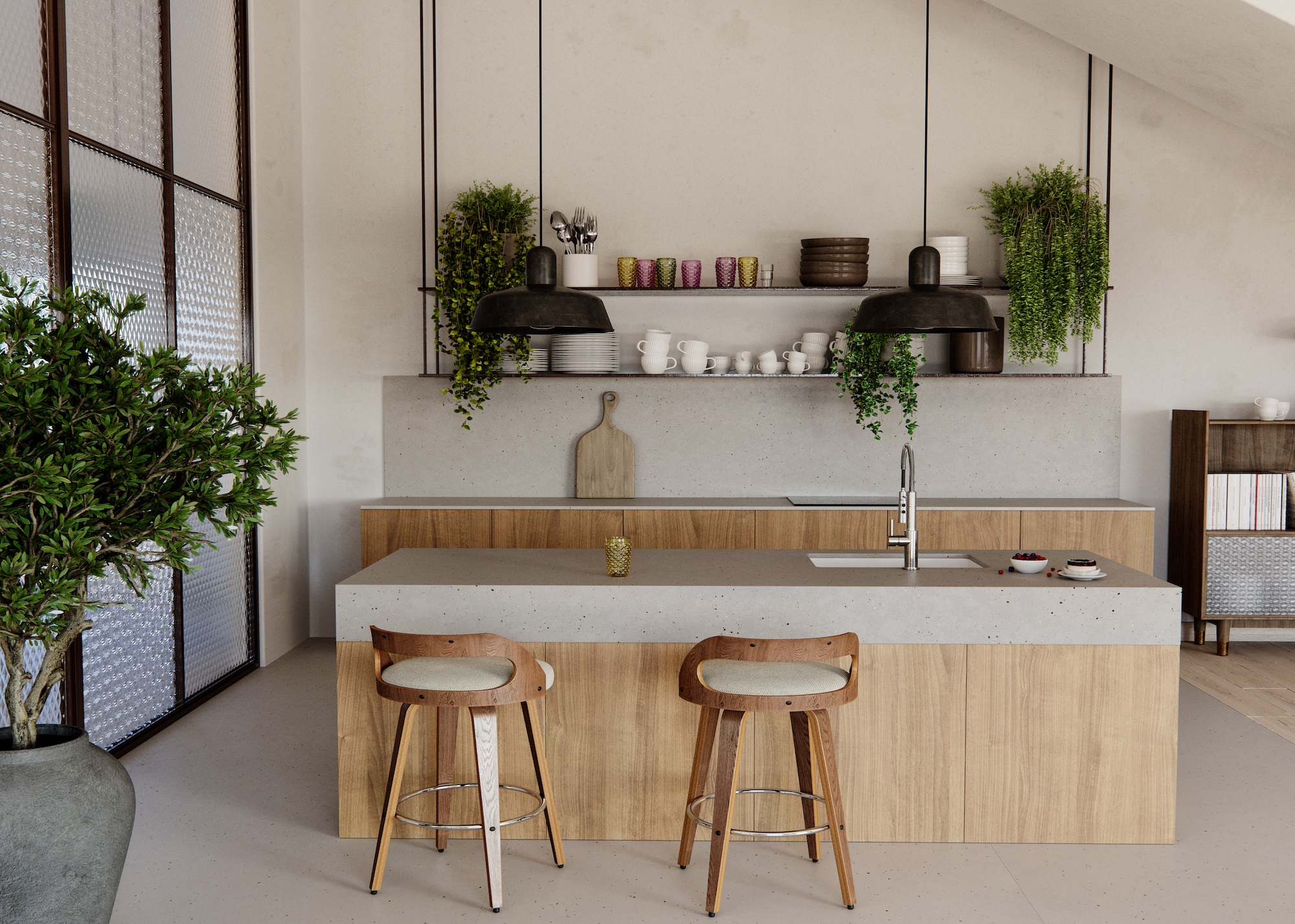 A kitchen with grey and oak textures and elements as well as lots of plants scattered around. On one side of the kitchen is open shelving with plants and kitchen accessories placed on top. There is also an island in the middle with two stools beside it.