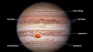 The visible-light image of Jupiter captured by the Hubble Space Telescope reveals various features in the planet's atmosphere.