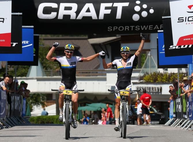 Urs Huber and Karl Platt (Team Bulls) win stage 1 of the TransAlp