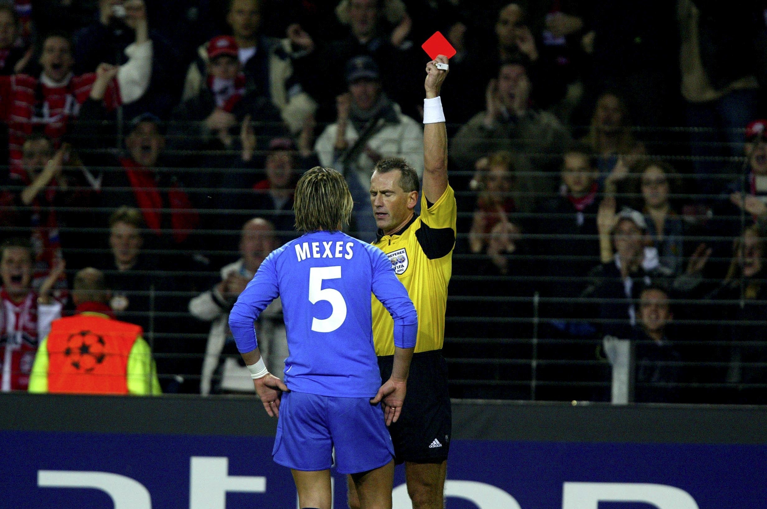 Philippe Mexes is sent off while playing for Auxerre against PSV in 2002