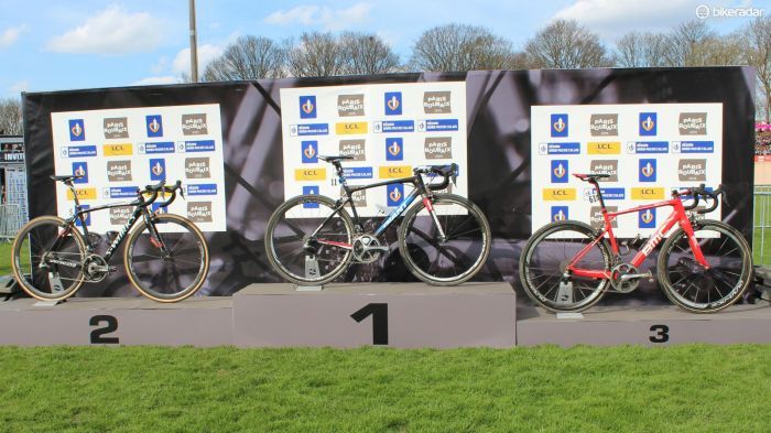 In the infield of the Roubaix velodrome, race organizers created a bike podium next to the riders' podium. Zdenek Stybar's Specialized S-Works Roubaix is at left and Greg Van Avermaet's BMC GranFondo RBX is at right