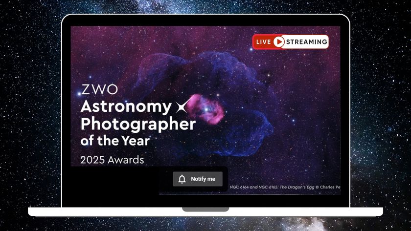 An image of a blue and red bubble-like nebula is pictured against a starry background within the screen of a laptop. The words &#039;ZWO Astronomy Photographer of the Year 2025 Awards&#039; are visible to the lower left of the screen and the words &#039;Live Streaming&#039; are written to the upper right.