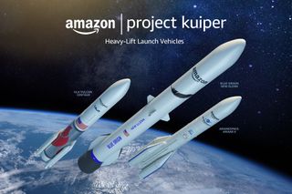 Artist's concept of the Ariane 6, New Glenn, and Vulcan Centaur rockets to be used by Amazon's Project Kuiper.