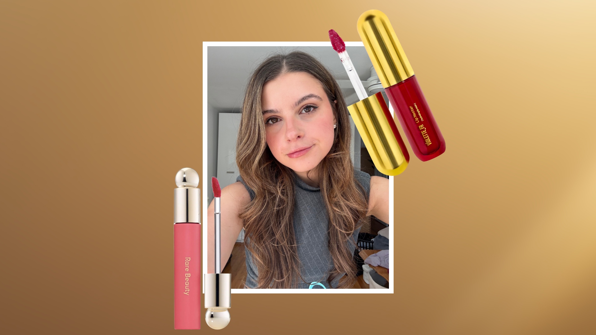 danielle cohen on a gold background surrounded by lipstick