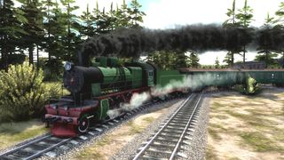A green and red 1930s steam train in videogame Workers & Resources: Soviet Republic