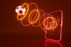 red soccer ball emerging through a set of neon rings coming out of a phone