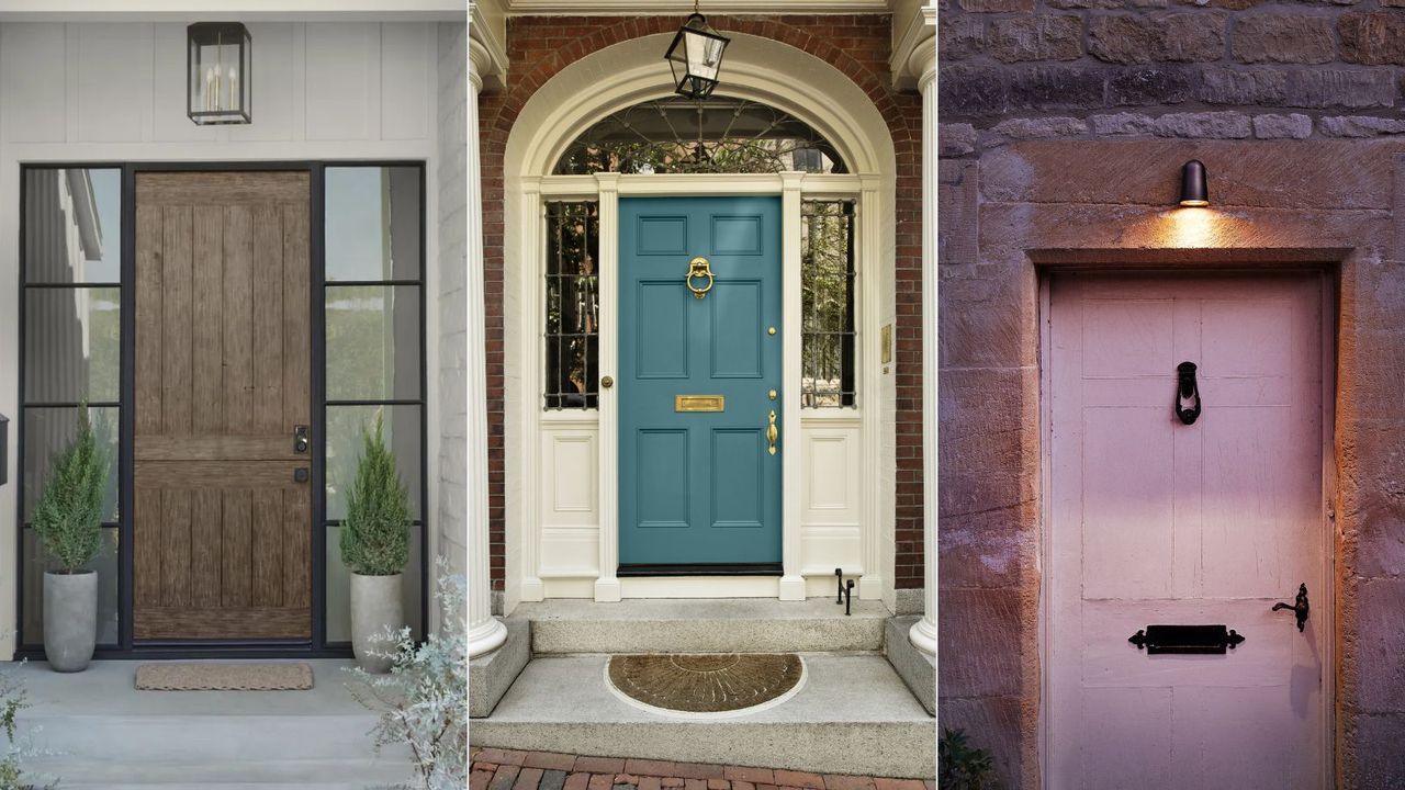 modern front door with glass panels, blue traditional front door, pink cottage front door