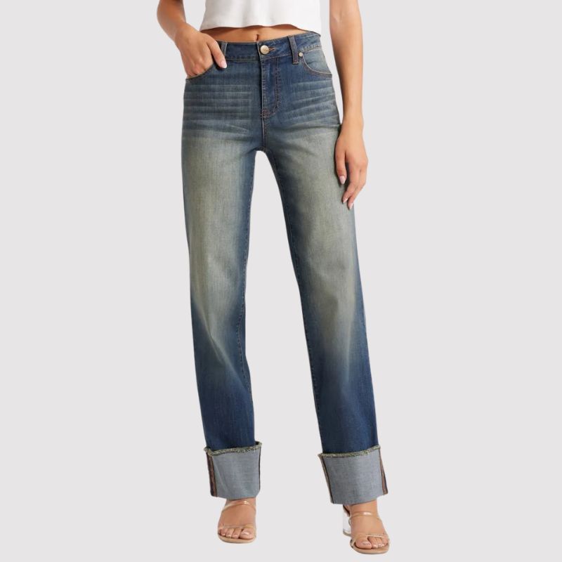 Cuffed Raw Hem Straight Leg Jeans on model