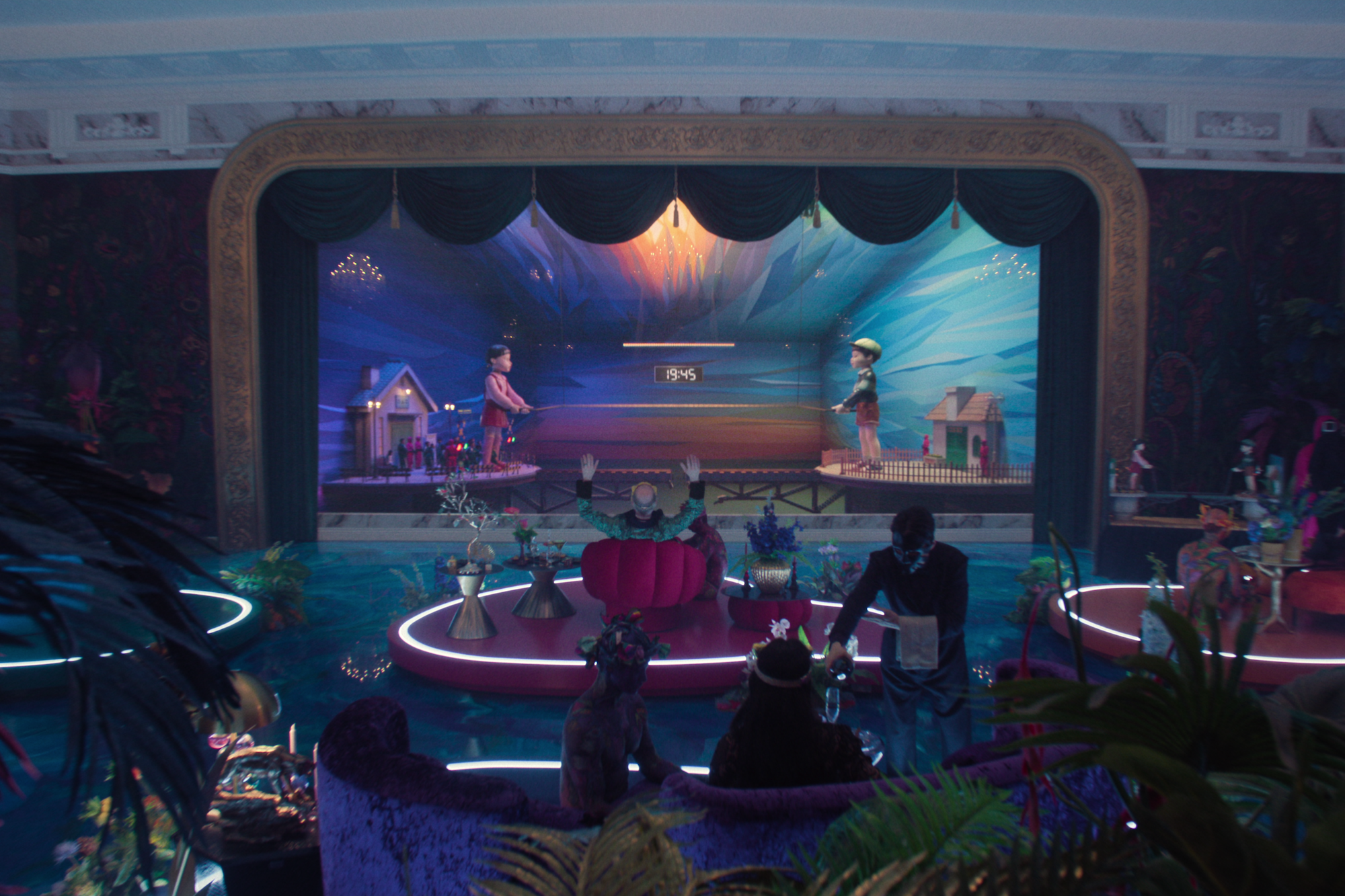 An opulent room of VIPs and servants, with a large theater-style window showing two giant kid-shaped dolls holding a jump rope over a suspended train track, in 'Squid Game' season 3.