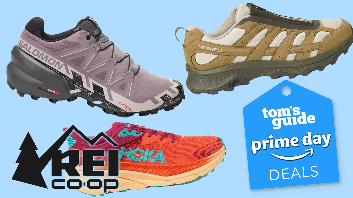 three sneakers from HOKA, salomon, and merrell, against a blue background with the REI tag and Tom&#039;s Guide sale tag