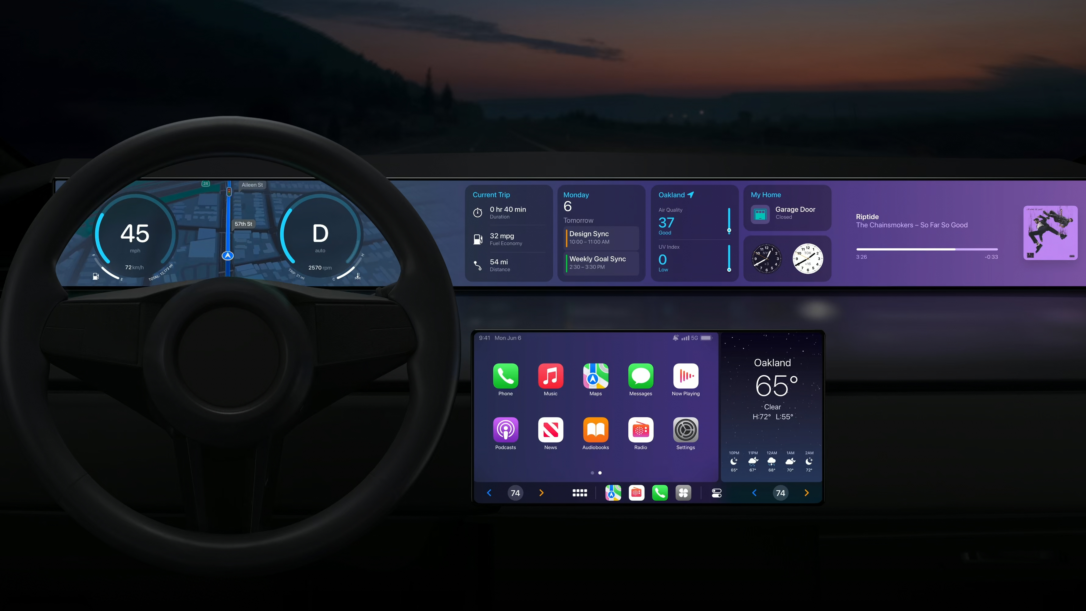 A car dashboard showing Apple CarPlay