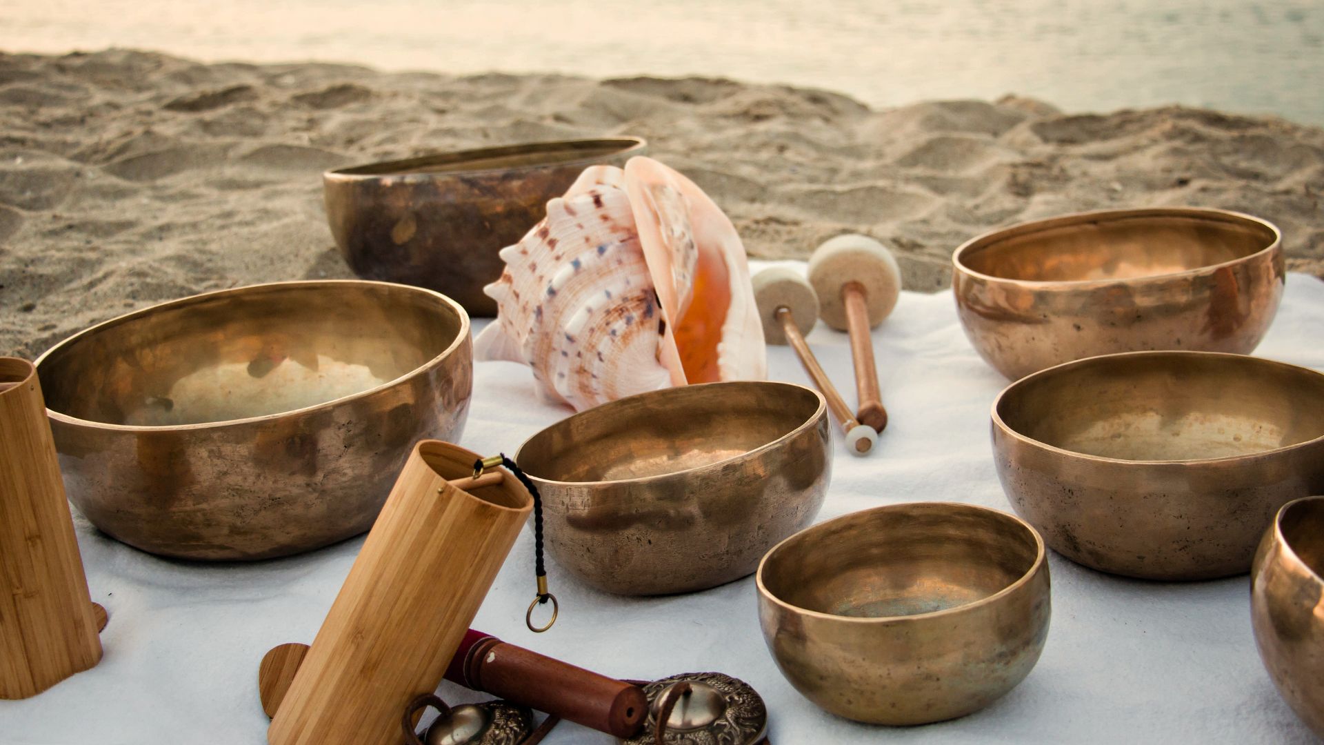 conch shell and singing bowls