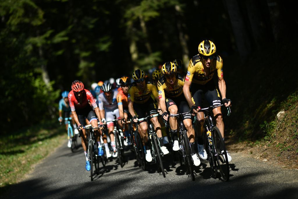 The pack climbs the Col de la Biche during the 15th stage of the 107th edition of the Tour de France cycling race 175 km between Lyon and Grand Colombier on September 13 2020 Photo by Marco Bertorello AFP Photo by MARCO BERTORELLOAFP via Getty Images