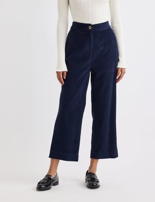 Navy Cord Straight Leg Cropped Trousers