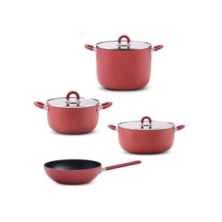 assortment of 4 pots and pans in red