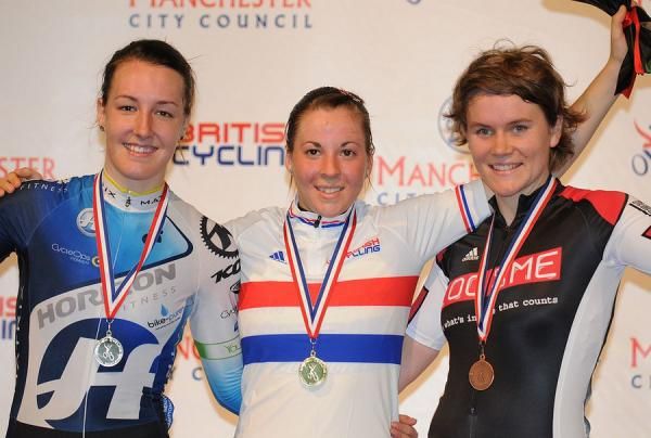 The women's points race podium (l-r): Dani King, Corrine Hall and Anna Blyth.