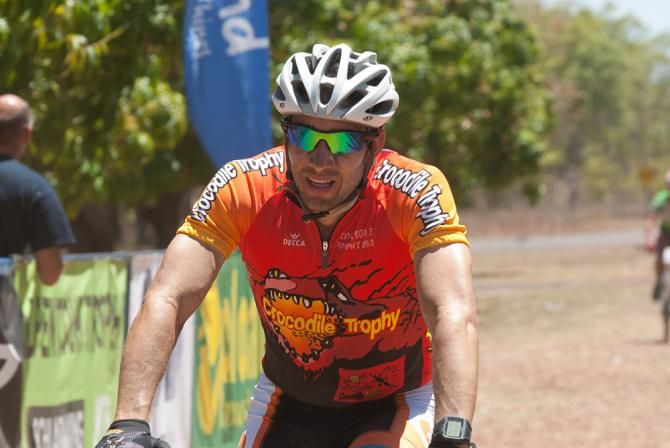 Mark Frendo at the finish in Laura, winning the time trial by 24 seconds over Josef Benetseder.