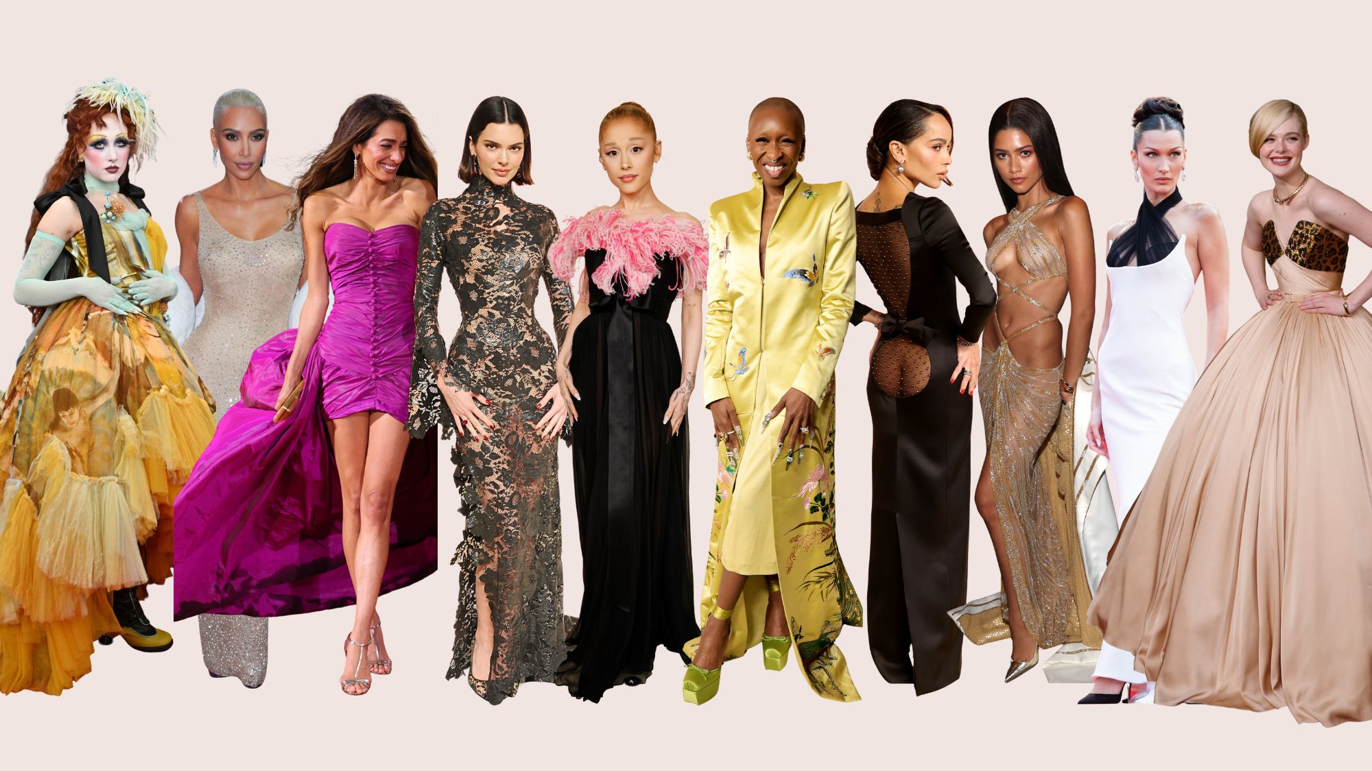 a collage of prominent celebrities wearing rare archival fashion on the red carpet