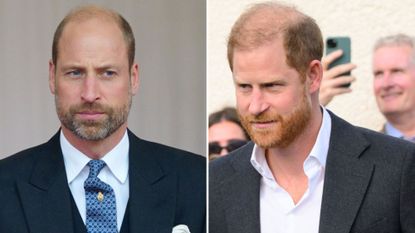 A picture of Prince William attending a formal welcome during a State Visit in October 2026 and a picture of Prince Harry after visiting the Community Recording Studio (CRS) in October 2026