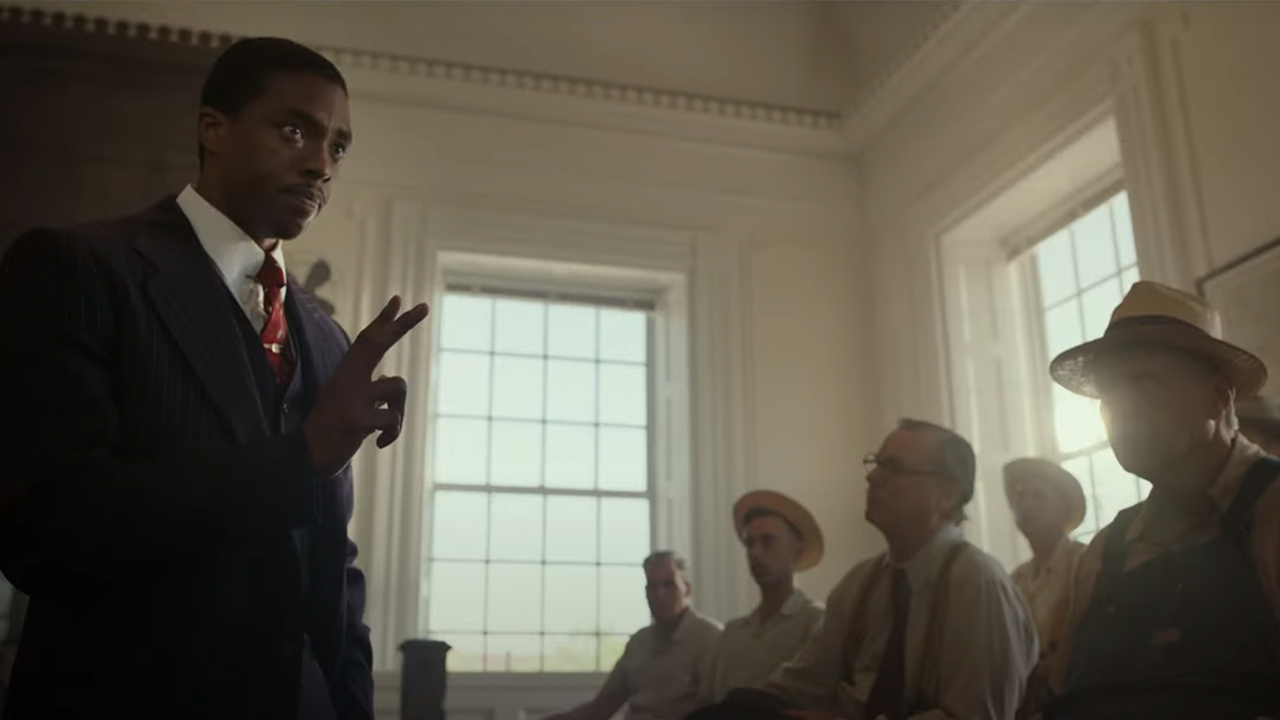 Chadwick Boseman speaking to a jury as Thurgood Marshall in Marshall