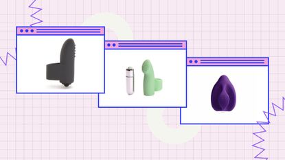three images on a pink background, showing three of the best finger vibrator options, including options from Ann Summers, LoveHoney, and Yumi