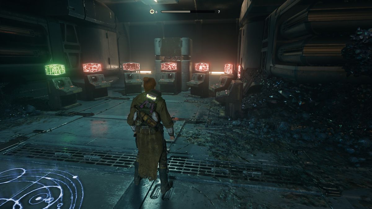 Star Wars Jedi: Survivor Alignment Control Center - Cal is standing in front of seven consoles, six are red and one is green