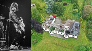 Jimmy Page onstage, and Boleskine House photographed from above after being severely damaged by fire in 2019