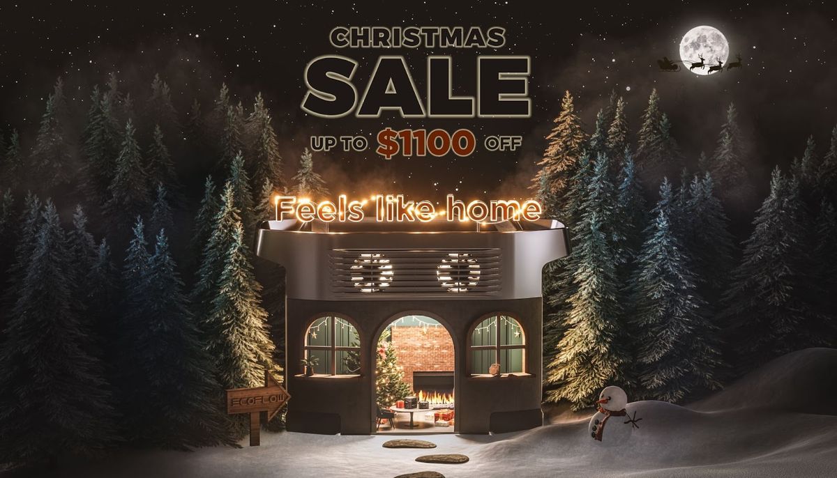 Christmas Sale of $1100 off portable power station that looks like a home in a wintered forest