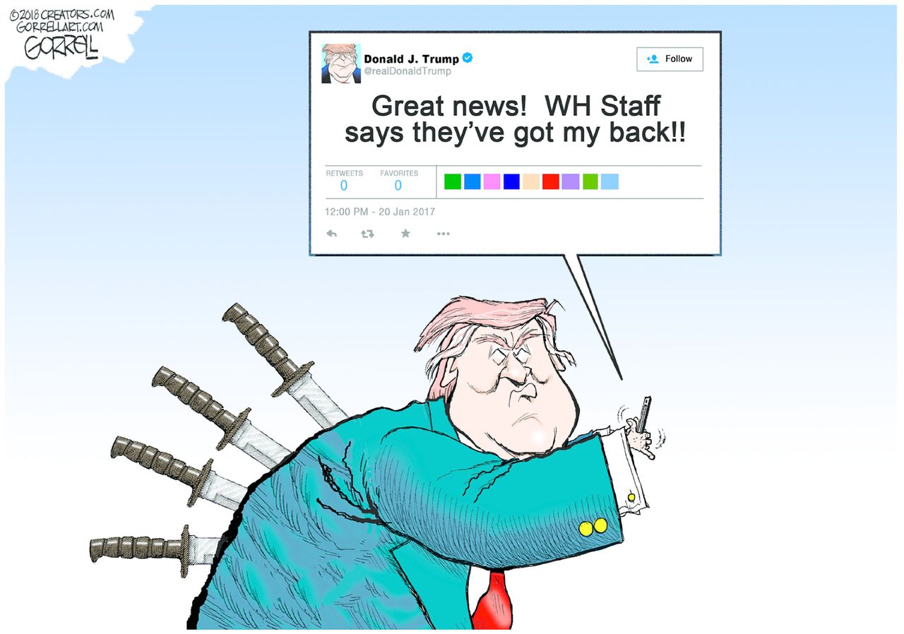 Political cartoon U.S. Trump loyalty anonymous New York Times op-ed twitter backstab