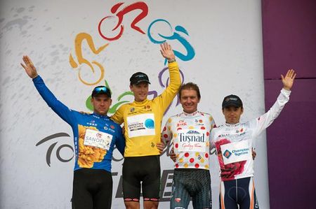 2012 Tour of China classification winners (L-R): Alexander Serebryakov, points; Martin Pedersen, general classification; Matija Kvasina, mountains; Pengda Jiao, best Chinese rider