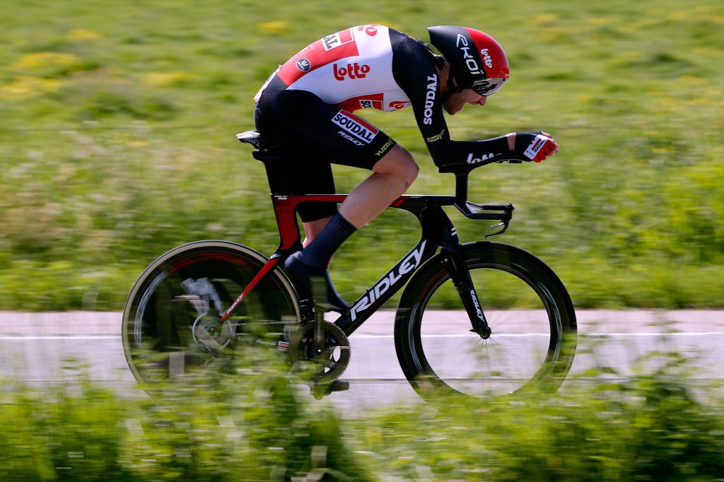KNOKKEHEIST BELGIUM JUNE 10 Frederik Frison of Belgium and Team Lotto Soudal during the 90th Baloise Belgium Tour 2021 Stage 2 a 112km Individual Time Trial stage from KnokkeHeist to KnokkeHeist ITT baloisebelgiumtour on June 10 2021 in KnokkeHeist Belgium Photo by Bas CzerwinskiGetty Images