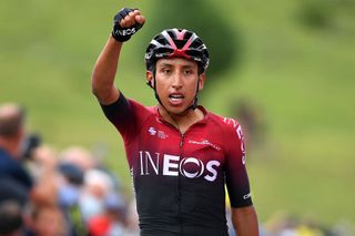 SARRANCOLIN FRANCE AUGUST 03 Arrival Egan Bernal of Colombia and Team Ineos Celebration during the 44th La Route dOccitanie La Depeche du Midi 2020 Stage 3 a 1635km stage from Saint Gaudens to Col de Beyrde 1417m RouteOccitanie RDO2020 on August 03 2020 in Sarrancolin France Photo by Justin SetterfieldGetty Images