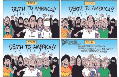 Political cartoon U.S. Trump Iran tweets