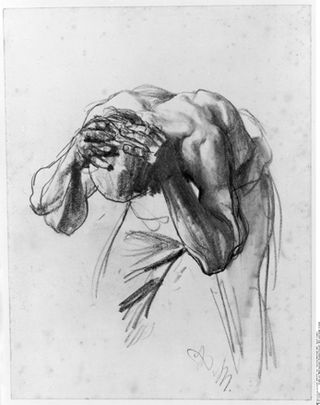 Pencil sketch of man holding his head