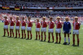 The Denmark team line up before a match at the 1986 World Cup