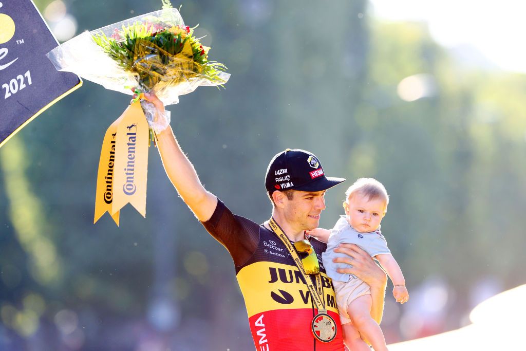 Wout van Aert (Jumbo-Visma) on the podium after winning his third Tour de France stage