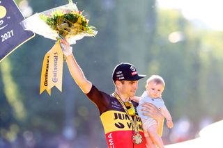 Wout van Aert (Jumbo-Visma) on the podium after winning his third Tour de France stage