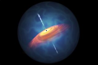 An artist's conception of a quasar surrounding a supermassive black hole, which has a mass many times that of Earth's sun. Although nothing that falls into the black hole can escape, its massive gravity accelerates an "accretion disk" of luminous particle