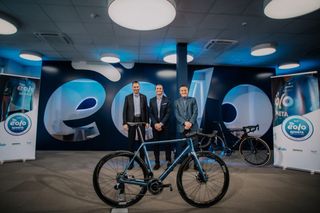 Kometa CEO Giacomo Pedranzini, Ivan Basso and Eolo's Luca Spada at the team's virtual presentation 