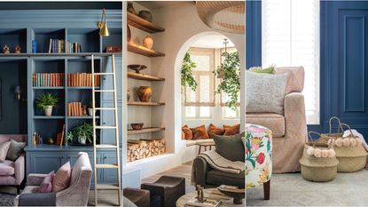 Bespoke blue cabinetry, wooden ladder, decorated with books, plants and ornaments / Rustic, neutral living room with arch doorway, wooden shelves in alcove, wooden flooring, cozy seating / blue room with orange print couch, colourful footstool and two baskets with pompom trim