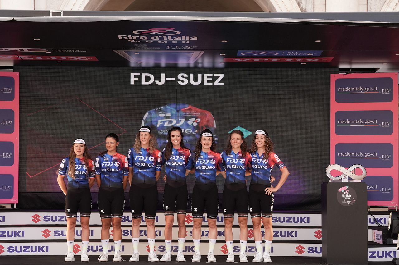 FDJ-SUEZ on stage at the 2024 Giro d'Italia Women at the teams presentation at the Piazza della Loggia in Brescia