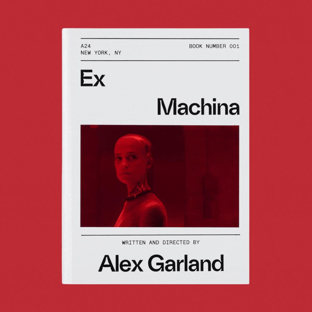 A24 Ex Machina Screenplay Book with white, red, and black cover featuring a neon red-lit profile of a woman is captured by a rotating gif showcasing that and its red characters-on-white background interior against a red background.