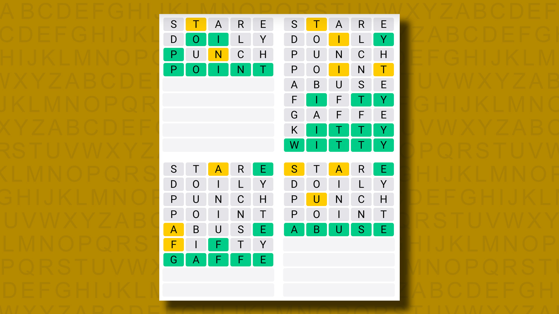 Respuestas de Quordle para el juego 954 sobre fondo amarillo