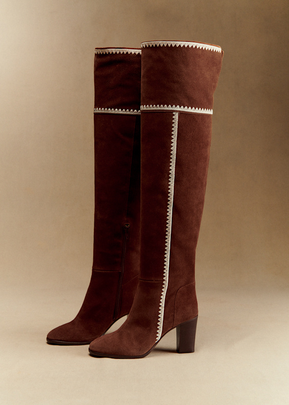 Nadia Thigh High Boots - S&amp;eacute;zane X Baziszt - Chocolate With Ecru Embroidery - Bovine Leather - S&amp;eacute;zane