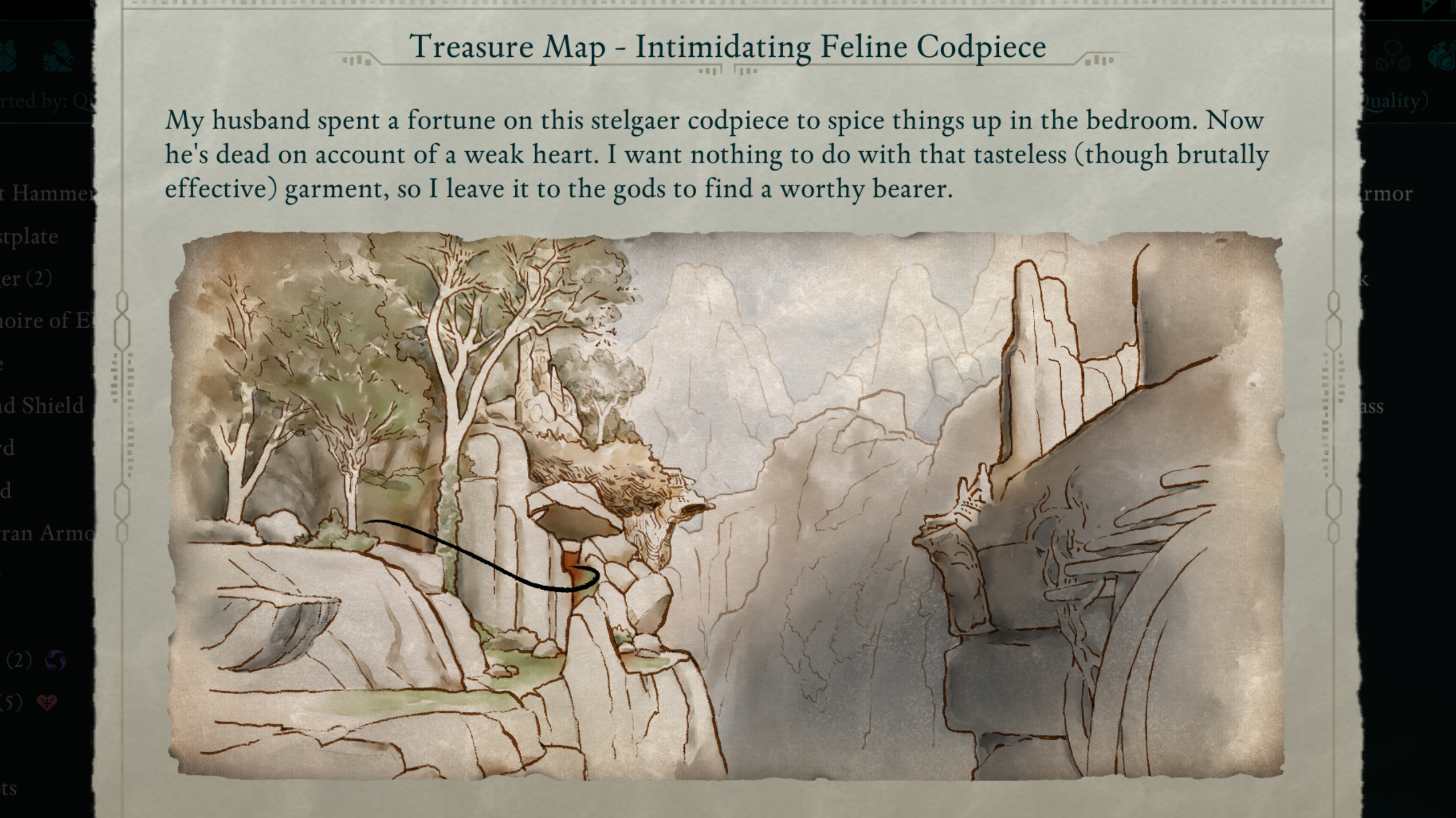 Avowed treasure maps - The clue page shows a painted map for the Intimidating Feline Codpiece.