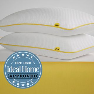 Two white and yellow Eve memory foam pillows Ideal Home Approved