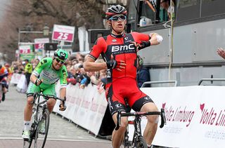 Floris Gerts has time to celebrate and point to the BMC logo