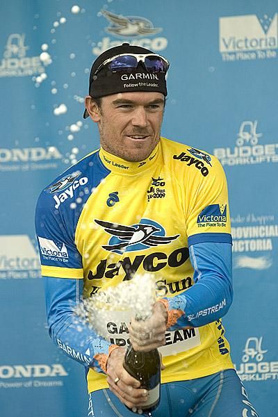 Chris Sutton (Garmin/Slipstream) celebrates his stage win and the tour lead in Barwon Heads.
