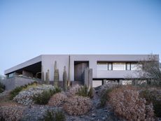 Arizona home Shifted Horizon by A-I-R, block built minimalist home, textured and monolithic looking in desert environment